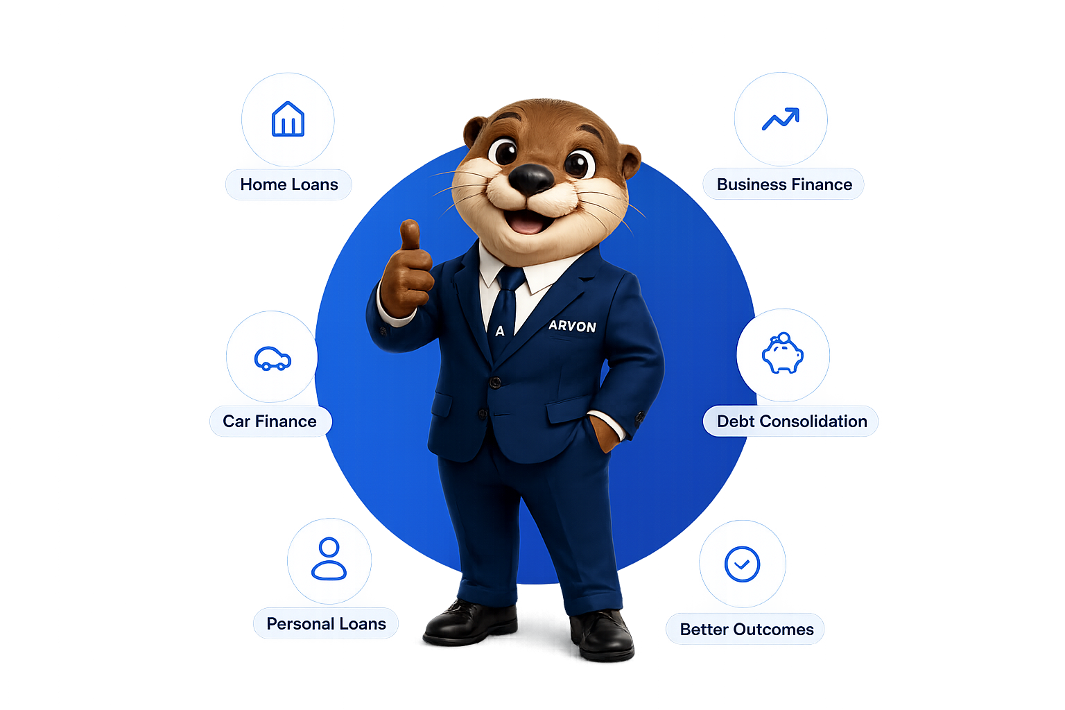 Ollie the Arvion Finance mascot, an otter in a navy suit giving a thumbs up
